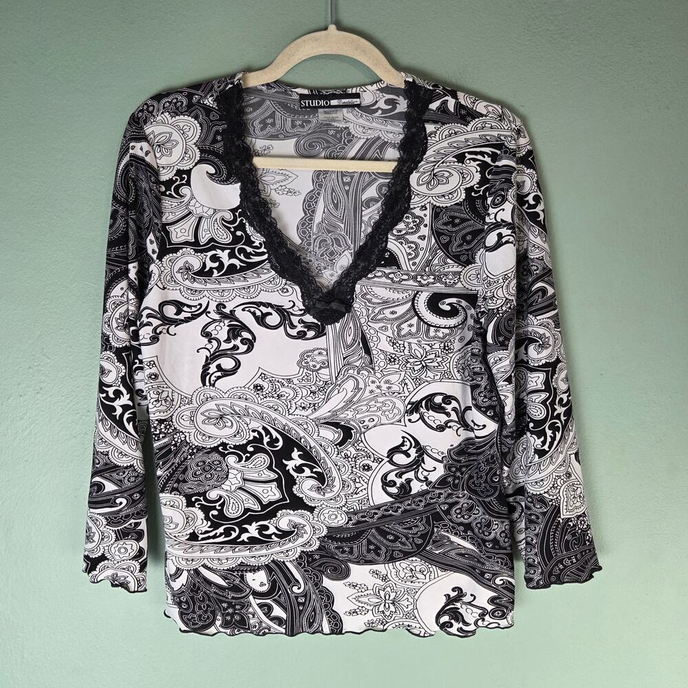 Studio Donatello Womens Black Lace V-Neck Lattice Trim Long Sleeve Top Sz Small